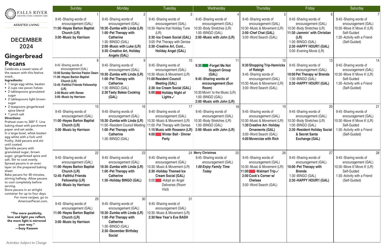 Assisted Living Event Calendar