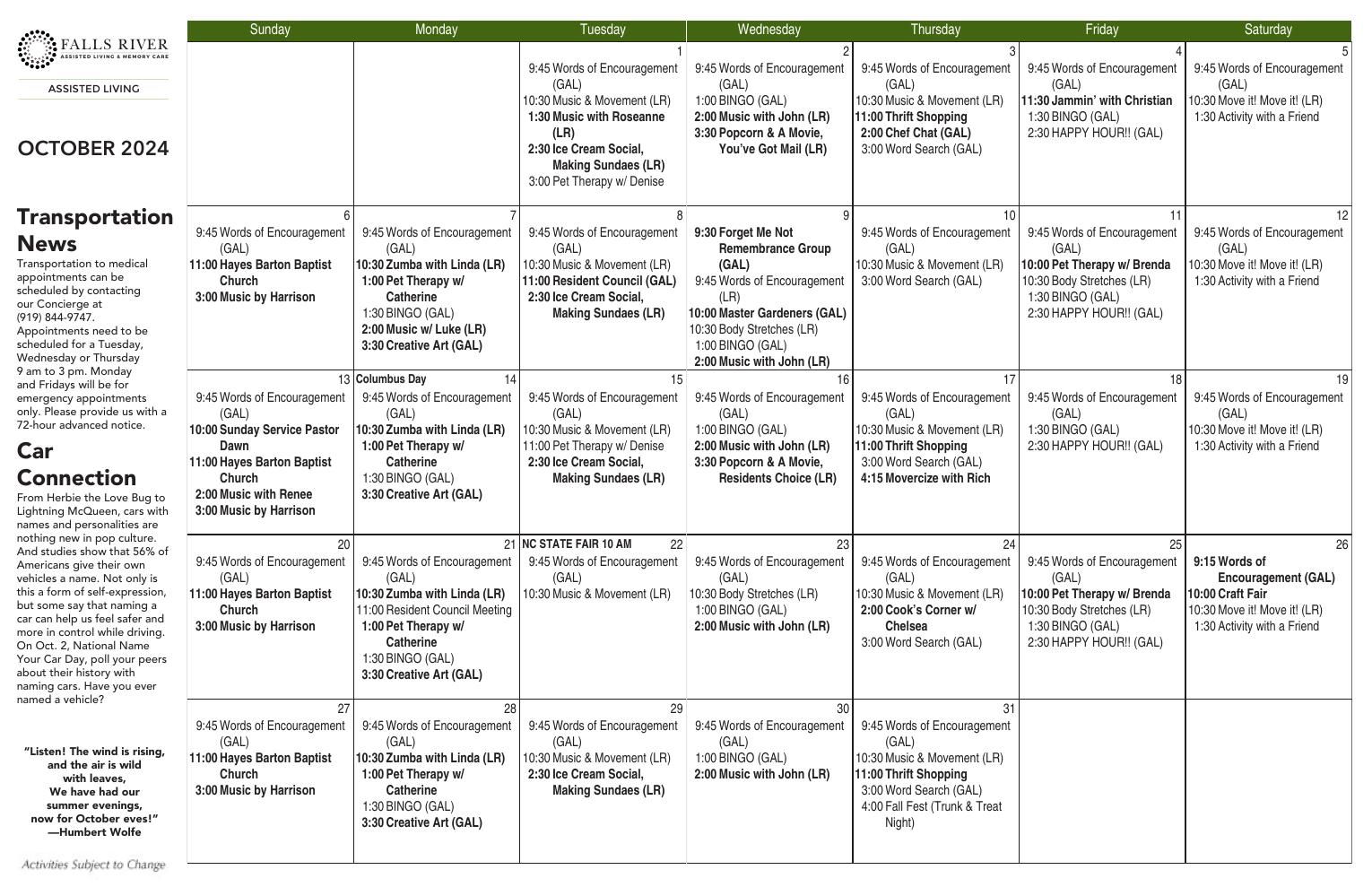 Assisted Living Event Calendar