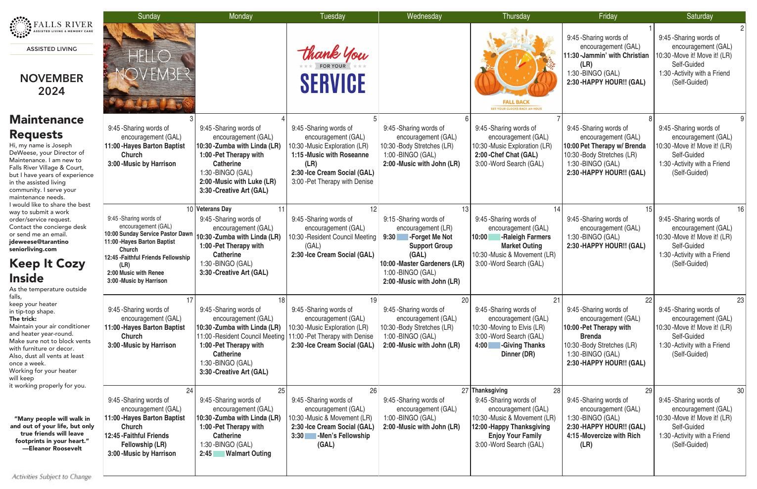 Assisted Living Event Calendar